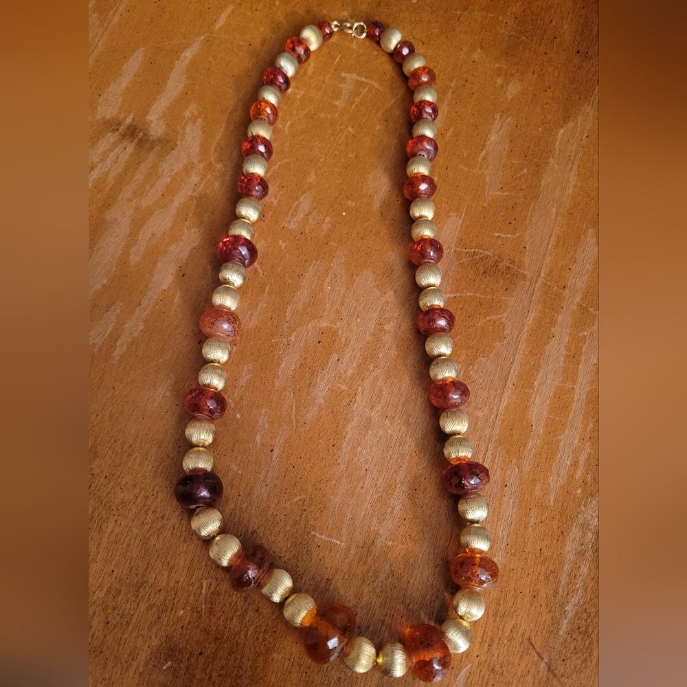 Vintage Gold and Amber Beaded Necklace - Women's Jewelry